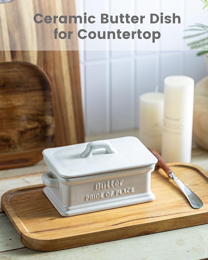 Butter Dish with Lid, Ceramic Butter Dish for Countertop Butter Holder Container Large Butter Keeper for East West Coast Butter, Mother's Day Kitchen Decor, White