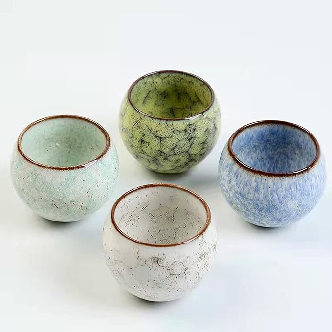 MQjzsh Handmade Chinese Japanese Tea Bowls, Tea Cup Set, 4 Pack, 110ml / 3.7oz for Office, Home, Gifts (Y,Lb，Lg,W)