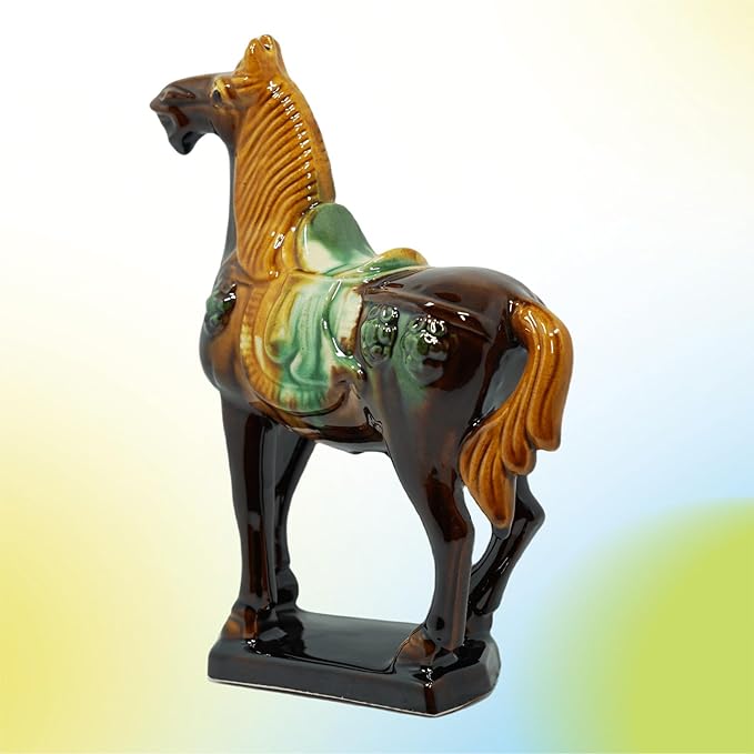Handmade -Tang Dynasty Tri-Color Horse Sculpture Ceramic Horse-19cm Cultural Art Piece for Home,Bookcase or Office Decor (Brown)