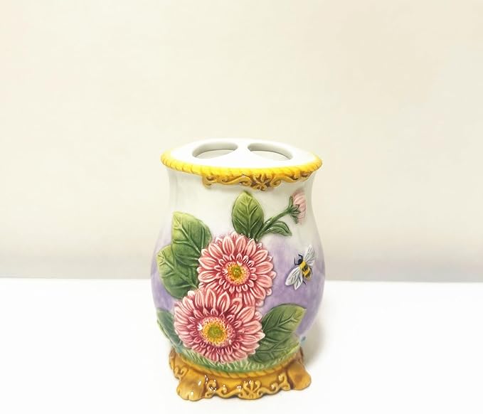 Ceramic Sunflower Bathroom Accessories Set, 4 Piece Bathroom Ensemble Set with Toothbrush Holder, Toothbrush Cup, Soap Dispenser, Soap Dish (Pink)