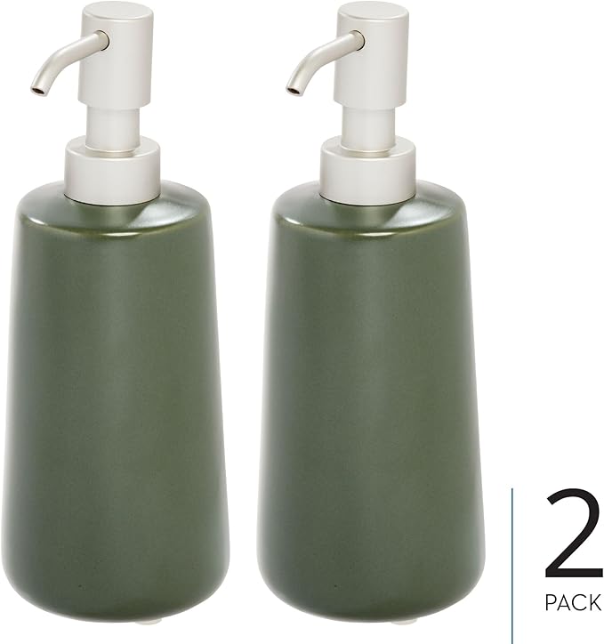 iDesign Dispenser for Bathroom Holds Hand Soap or Lotion-Set of 2-Moss Green Eco Vanity Ceramic Pump-Tall M2