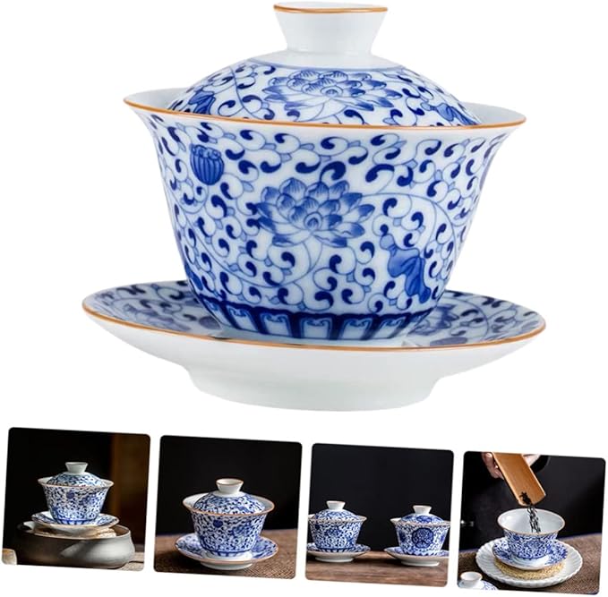 Traditional Kongfu Tea Cup1 Set Blue and White Porcelain Covered Bowl Tea Cup Porcelain Tea Bowl Chinese Bowl Asian Ceramic Cups Vintage Tureen Teaware Ceramic Tea Mug Ce