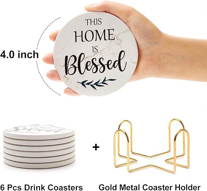 Housewarming Gifts for New Home Coasters Farmhouse Coffee Table Decor Set of 6 Pack Ceramic Cup Coaster Modern House Warming Gift Decorations Coster Cute Marble Drink Coasters Set