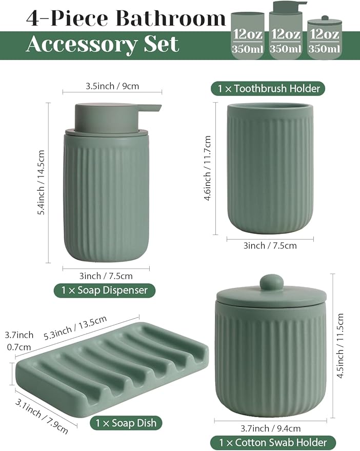 INGOFIN 4 Pcs Ceramic Bathroom Accessory Set - Liquid Soap Dispenser, Toothbrush Holder,Contain Cotton Swab Jar & Soap Dish,Countertop Accessories for Home, Guest Bathroom, Office, Matte Green