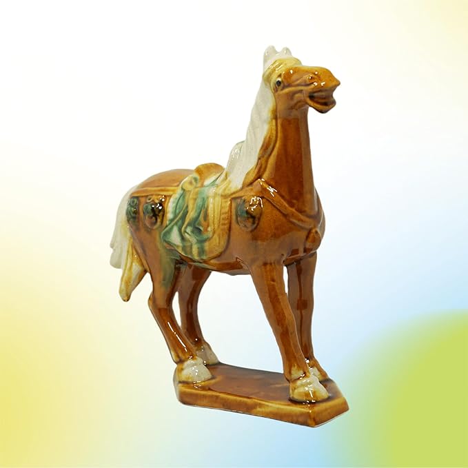 Handmade -Tang Dynasty Tri-Color Horse Sculpture Ceramic Horse-19cm Cultural Art Piece for Home,Bookcase or Office Decor (Orange)