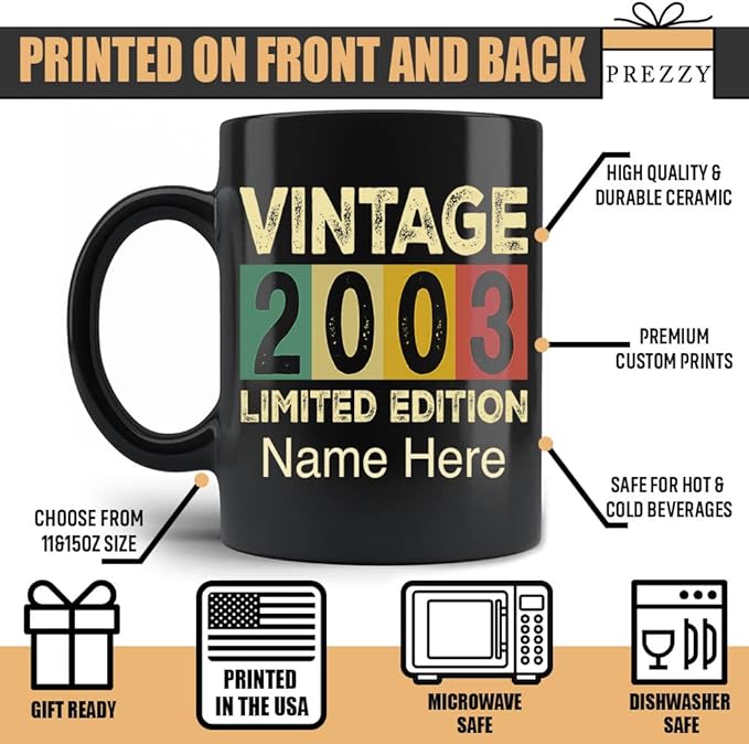PREZZY Vintage 2003 Limited Edition 20th Birthday Decorations Personalized Gifts for Women Men Mothers Day Fathers Day Gift 20 Year Old Birthday Mug Customized Name Ceramic Black Tea Cup 11oz 15oz