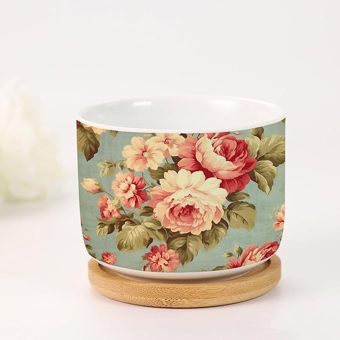 Pink Cabbage Roses Romantic Planters Ceramics Set of 3 Cottage Chic Antique Pink Flower Succulent Pot for Indoor with Bamboo Tray Japanese Chinoiserie Small Pot for Flowers