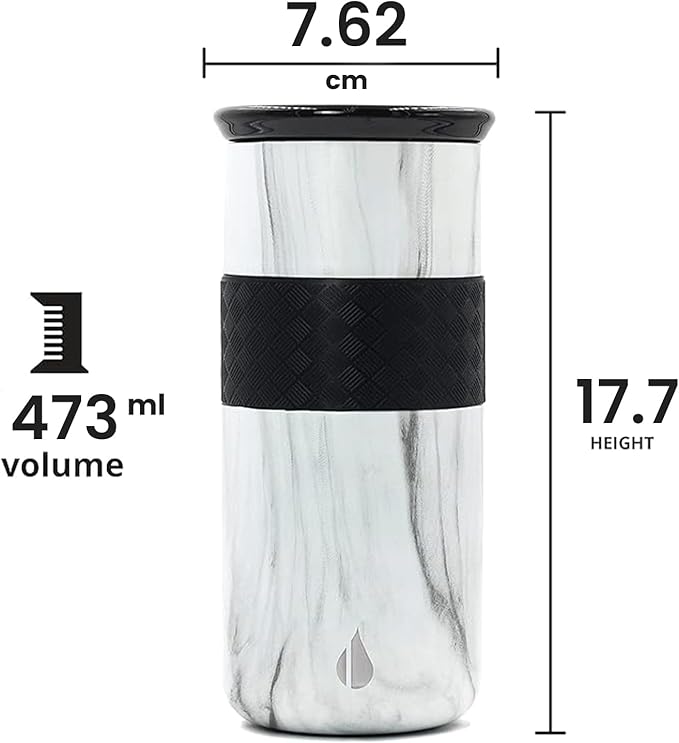 Elemental Artisan Insulated Tumbler, Triple Wall Coffee Travel Tumbler, Reusable Stainless Steel with Ceramic Lid, Thermal Coffee Cup for Hot (6 Hrs) & Cold (18 Hrs) 16oz - White Marble