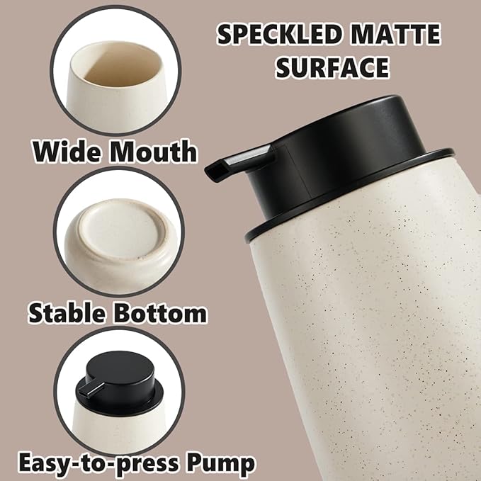 12Oz Beige Foaming Soap Dispenser Set - Ceramic Foam Hand Soap Dispenser Set with Easy-to-Press Pump, Refillable Liquid Dish Soap Dispensers for Bathroom and Kitchen, 2 Pack