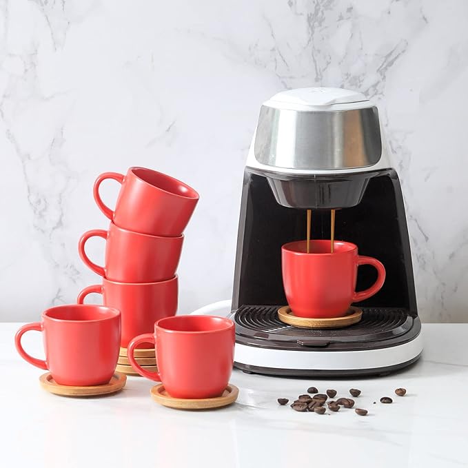 HASENSE Espresso Cups and Saucers Set of 6, 3.5 OZ Demitasse Cups with Handle for Drinks, Latte, Cappuccino, Cafe Mocha and Tea, Porcelain Coffee Cups for Coffee Bar Home and Party, Red