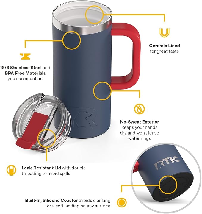 RTIC 16oz Road Trip Travel Mug with Lid and Handle, Ceramic Lined, Insulated, Stainless Steel, Metal, Double Wall Vacuum-Insulation, Portable Coffee, Tea Cup for Hot and Cold Drink, Patriot