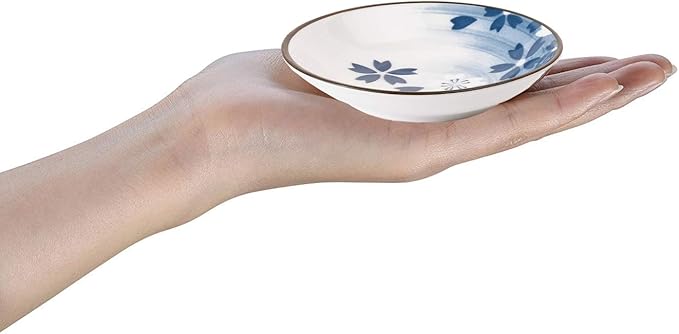 Beautyflier Set of 4 Ceramic Sauce Dish Soy Sauce Dipping Bowls Appetizer Plates Side Dishes Serving Dish Japanese Style Dinnerware Set (WAVE&SAKURA(3.75inch))