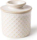 DOWAN French Butter Crock for Counter with Water, Ceramic Butter Dish with Lid for Countertop, Butter Holder for Soft Spreadable Butter, Butter Keepers to Leave on Counter, Embossing, Off-white