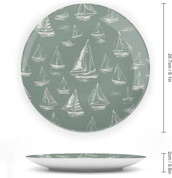 Personalized Gifts Plates Ceramic, Sail Boats Nautical Teal Dinner Plates Table Including Bracket And Special Hook, Antique Decor for Wedding Art Decoration Festival, 6", 7", 8", 10"