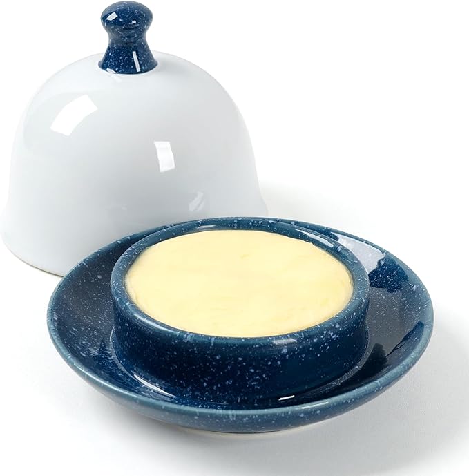 Butter dish, Ceramic Small Butter Dish with Lid, 2026 NEW Original Design Mini Butter Crock Keeper with Handle, 17 OZ Mini Butter Container Cover and Water Sealing 2 Ways Sealing (Blue)