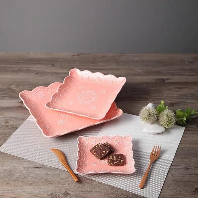 Eplze YBK Tech Elegant Square Embossed Lace Plate Bone China Dessert Plate Ceramic Plate for Breakfast Afternoon Tea (Pink, 6-inch)