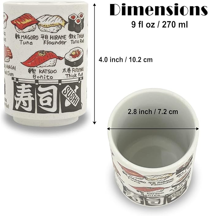 Japanese Tea Cup - Pottery 9 fl oz, Yunomi Mug, Sushi Made in Japan (C3-6 Sushineta)