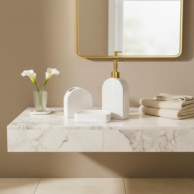 Boho Ceramic Bathroom Accessories Sets 3 Pcs Arch Style Bathroom Accessories for Countertop, Soap Dispenser, Toothbrush Holder Soap Holder Decor for Modern Home Decor