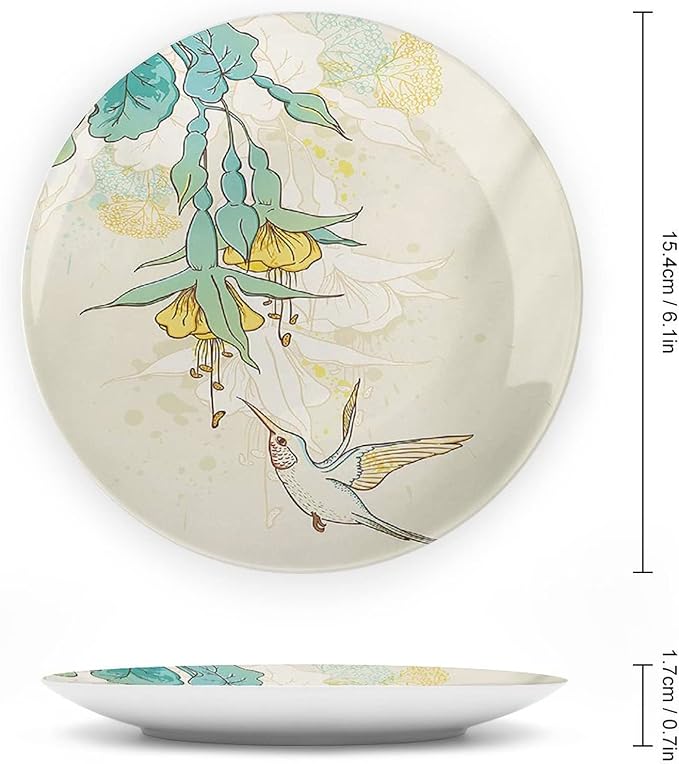 10 Inch Decorative Plate, Hummingbird Round Porcelain,Hummingbird and Tropical Flowers Summertime Print Ornament Display Plate for Dining Table Setting, Wedding Decorations, Christmas Tablescape