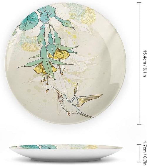 10 Inch Decorative Plate, Hummingbird Round Porcelain,Hummingbird and Tropical Flowers Summertime Print Ornament Display Plate for Dining Table Setting, Wedding Decorations, Christmas Tablescape