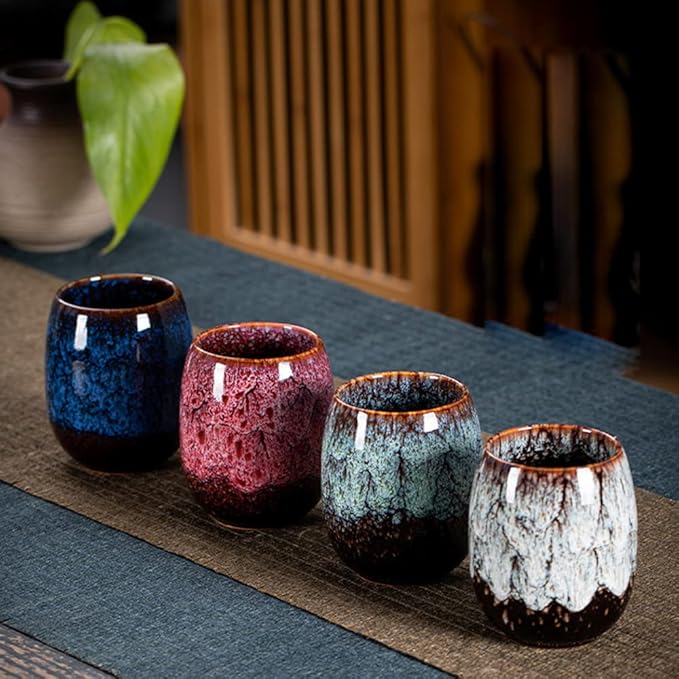 (Set of 4) Four Seasons Kiln Glazed Pottery Teacup Set Ochoko Sake Cup Japanese Chinese Asian Ceramic Porcelain in a Gift Package