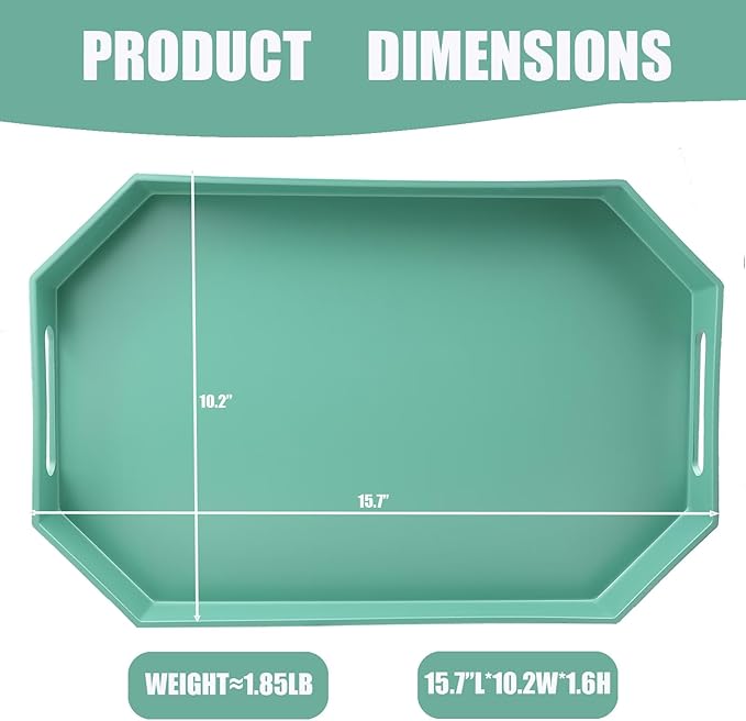 Green Octagonal Serving Tray with Handles for Coffee Table, Plastic Decorative Tray for Ottoman, Kitchen Counter, Living Room, Outdoor Lacquer for Entertaining