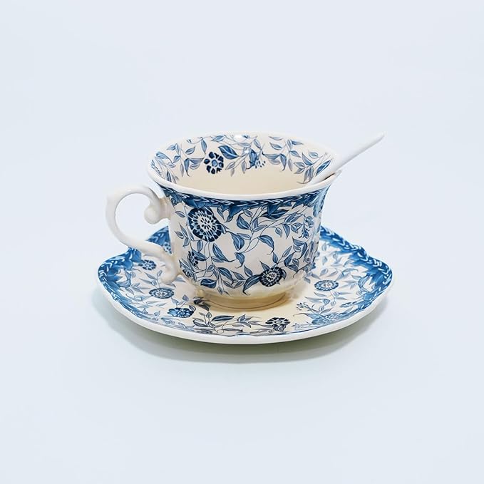 Bone China Tea Cup and Saucer Set with Spoon，Elegant Floral Tea Cup Set (7 oz)，British Coffee Latte Mug for Birthday Party Christmas gift for Friends