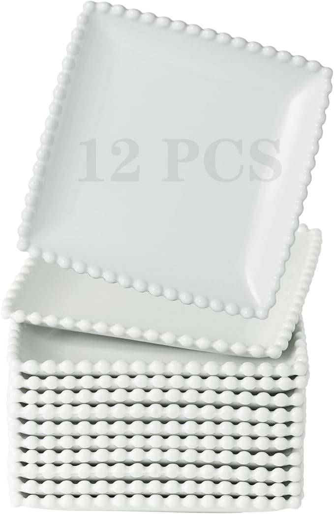 TAMAYKIM 6 Inch Porcelain Dessert Plates, Appetizer Plates, Square Shape Small Dinnerware Sets, Scratch Resistant, Microwave, Oven, and Dishwasher Safe, White with Pearl Dots, 12 Pieces