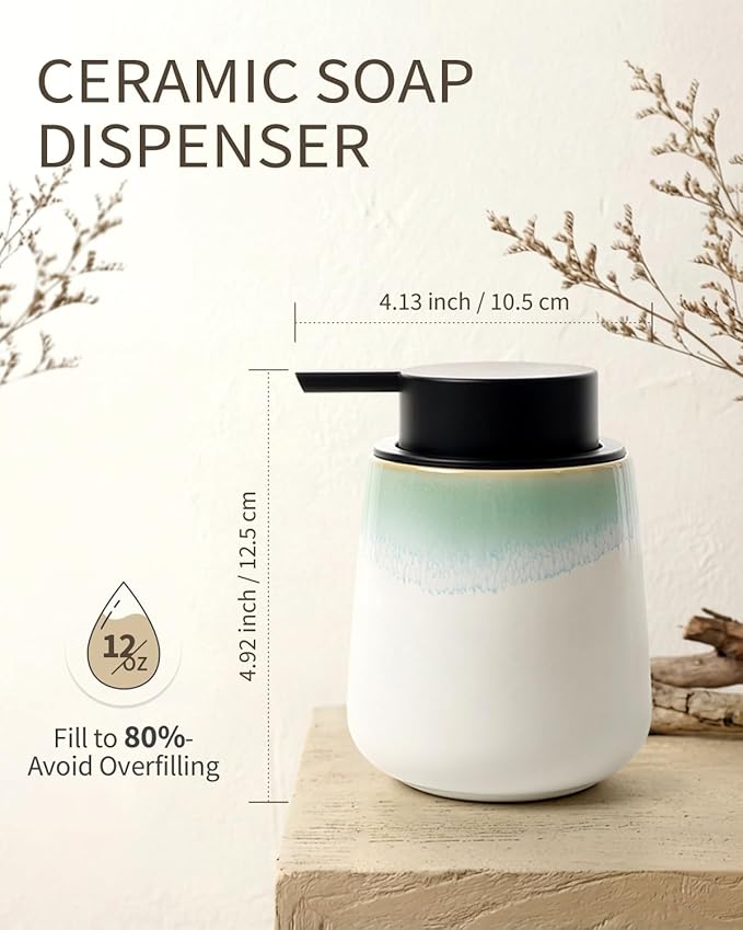 BosilunLife Hand Soap Dispenser - Ceramic Dish Soap Dispenser for Bathroom 12ounce Refillable Liquid Hand Wash Dispenser for Essential Oil, Lotion Soap, White with Blue-Green Rim