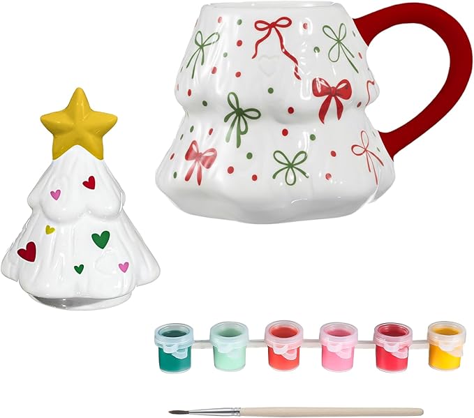 Didaey 1 Set Christmas Tree Mug with Lid Paint Your Own Mug Craft Kit with 6 Color Paints and Brush DIY Ceramic Christmas Coffee Mugs for Xmas Festive Holiday Gift