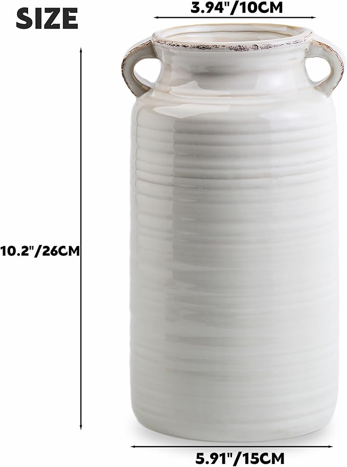 Ceramic Rustic Distressed White Flower Vase for Centerpieces, Kitchen, Office or Living Room (5.9''x10.2”)