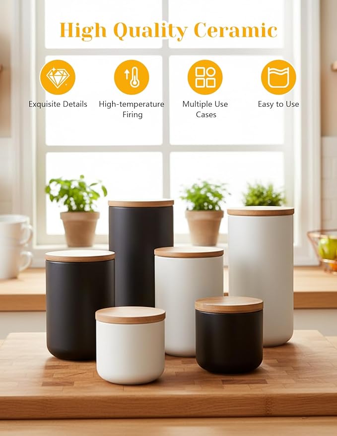 YYW Ceramics Food Storage Jar Canister with Seal Bamboo Lid, Simple Style Kitchen Canister for Food Storage, Store Coffee, Sugar, Tea, Spices and More (Black (33.81oz/1000ml))