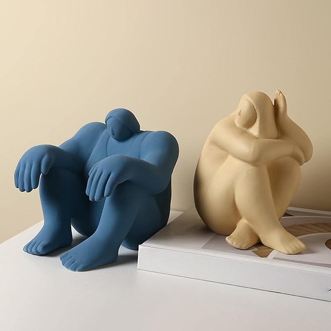 Abstract Art Character Statue Figurine Handmade Ceramic Sculpture Ornaments for Bookshelf Wine Cabinet Crafts Decoration (Yellow)