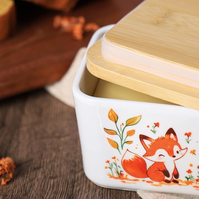 WAIT FLY Fox Ceramic Butter Dish with Bamboo Lid and Knife, 2 Sticks Butter Dish Butter Container Keeper for Kitchen Countertop, Home Decorative-Fox