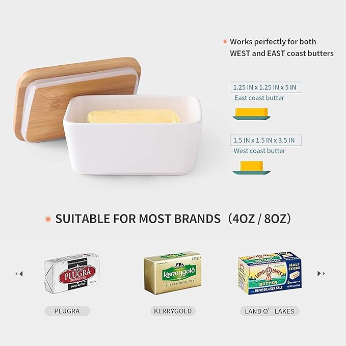 Large Ceramic Butter Dish with Lid and Natural Oak Wood Cover for Kitchen Decor and Accessories for Kitchen Gift, White
