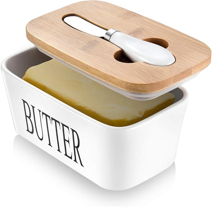 Butter Dish with Lid: Large Butter Dish for Countertop - Ceramic Butter Keeper Container with Knife and High Quality - Silicone Sealing Butter Box for Home Decor Good Kitchen Gift Black White
