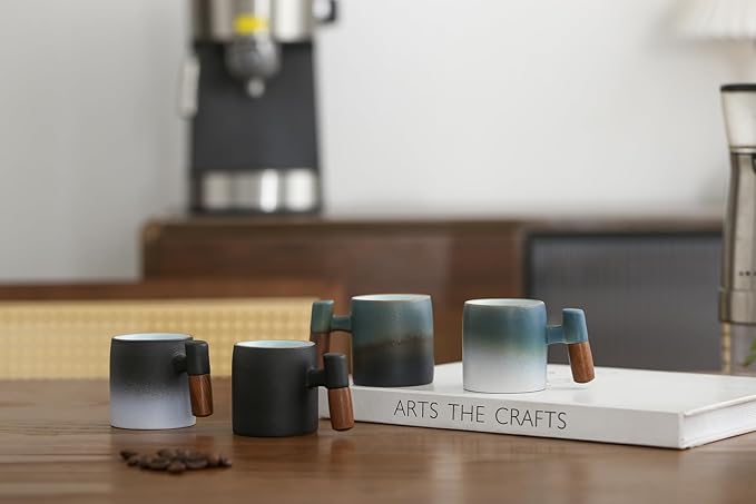 2-Oz Ceramic Espresso Cups with Wood Handle, 2/4-Piece Set for Coffee, Tea, Latte - Dishwasher Safe, Multi-Color & Wood Styles, Gift & Café Use (blue white2&blue black2, Wooden Handle4)