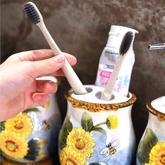 Ceramic Sunflower Bathroom Accessories Set, 4 Piece Bathroom Ensemble Set with Toothbrush Holder, Toothbrush Cup, Soap Dispenser, Soap Dish