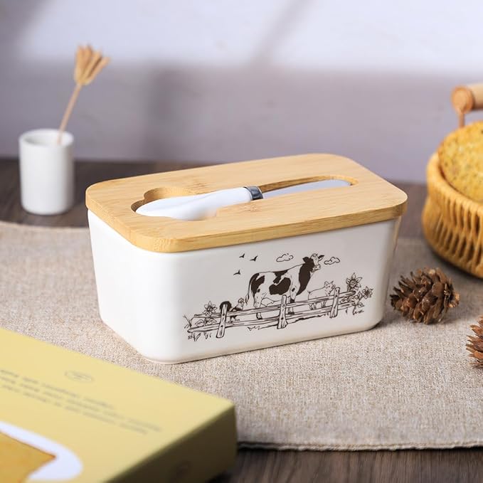 WAIT FLY Cow Ceramic Butter Dish with Bamboo Lid and Knife, 2 Sticks Butter Dish Butter Container Keeper for Kitchen Countertop, Home Decorative-Cow