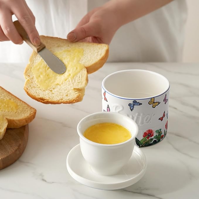 Toptier Butter Crock for Counter With Water Line, On Demand Spreadable Butter, Ceramic Butter Keeper to Leave On Counter, French Butter Dish with Lid (Butterfly)