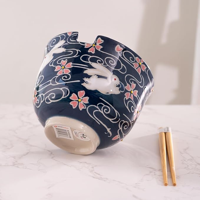 Urban Tokyo Handpainted Ceramic Glazed Japanese Ramen Udon Noodle Rice Bowl With Chopsticks 20 fl oz 5 inch Diameter Bowl Sets Color Box Packaging (Cherry Blossoms Rabbit)
