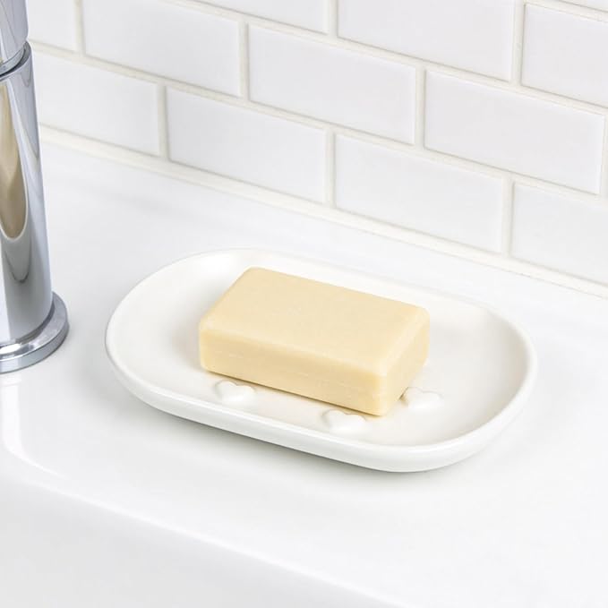 HILLSPRING Ceramic Soap Dish with Charming Heart Bumps, Drainage Design Keeps Soap Dry, Decorative Bar Soap Holder for Bathroom, Kitchen Sink, Vanity, Matte White, 5"x3.5"