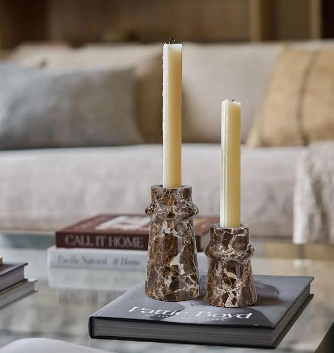 Vixdonos Marble Candle Holder Set of 2 Taper Candle Candlestick Mantle Candle Stand for Home Decor,Wedding,Party and Table Centerpieces(Brown)