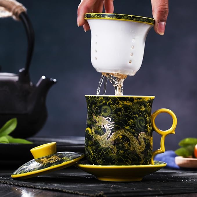 Porcelain Tea Cup with Infuser Lid and Saucer Sets - Chinese Jingdezhen Ceramics Coffee Mug Teacup Loose Leaf Tea Brewing System for Home Office