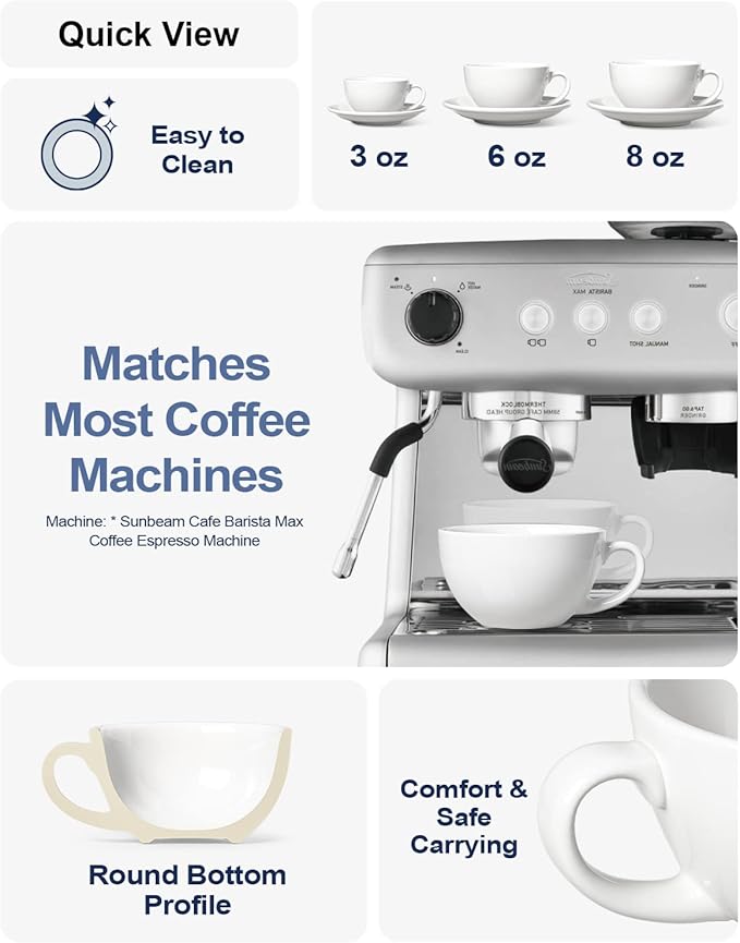 LE TAUCI Cappuccino Cups with Saucers 6 oz, Set of 4 Ceramic Coffee Cup and Saucer Set for Latte, Au Lait, Flat White, Mocha, Tea, Embossed Coffee Cups, White