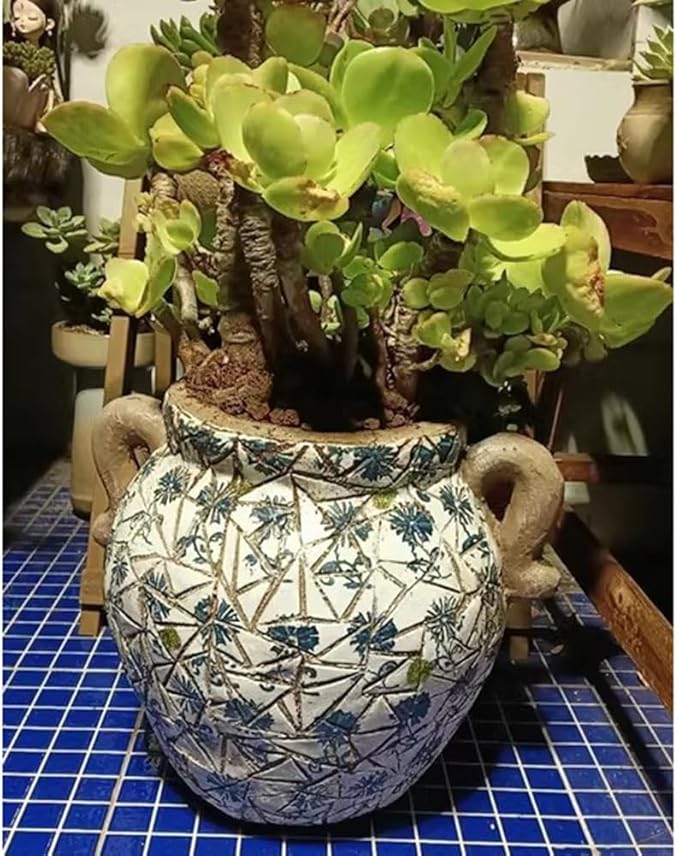 GZHERVICES Magnesium Oxide Sculpture Planter, Hand Painted Imitation Blue & White Floral Porcelain Ceramic Decorative Flowerpot, with Drainage Hole, Garden Pots Chinese Asian Design