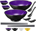 Unbreakable Ramen Bowl Set with Chopsticks and Spoon: 2 large Japanese Style Melamine Ramen Bowls (2 Bowl Set, Purple-Black)