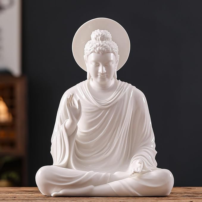 Houlu 12.8 Inch White Buddha Statue for Home Decor, Meditating Buddha Statue with Halo, Ceramic Buddha Statues Indoor/Outdoor for Meditation and Spiritual Décor