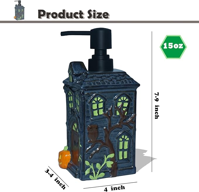 Haunted House Soap Dispenser,Refillable Halloween Liquid Hand Soap Dispenser for Bathroom, Kitchen Sink - Black