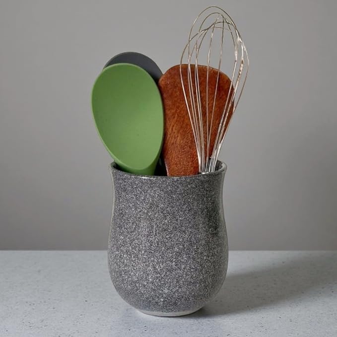 Short Kitchen Utensil Holder for Kitchen Counter, Ceramic Small Utensil Crock & Vase & Holder for Cutlery Spatula Brush Silverware Cooking Utensil Holder (Marble Grey)